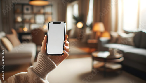 Mockup image of a woman's hand holding smartphone with blank white screen in the living room photo