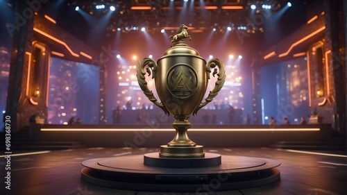 The esports winner trophy standing on the stage
