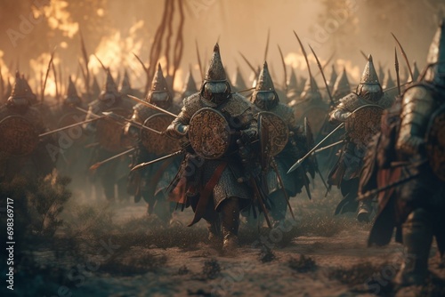 Digital artwork of a fantasy army in battle, created with 3D modeling and concept art techniques. Generative AI © Briseis