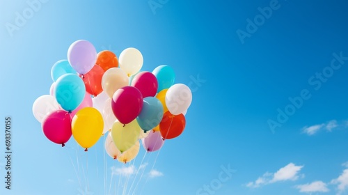 A close-up shot of helium balloons soaring against a clear blue sky in a celebration mockup.