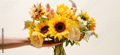 Hands holding bouquet of fresh sunflowers and assorted flowers. Floral arrangement and gift.