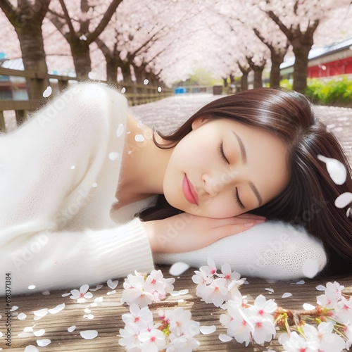 Taking a rest while lying on the cherry blossom road where petals are flying