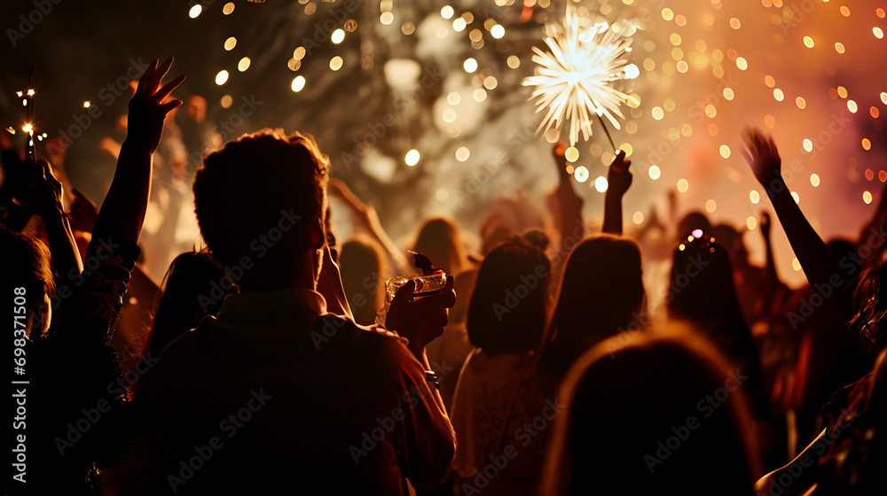 Group of people celebrating New Year looking at spectacular fireworks