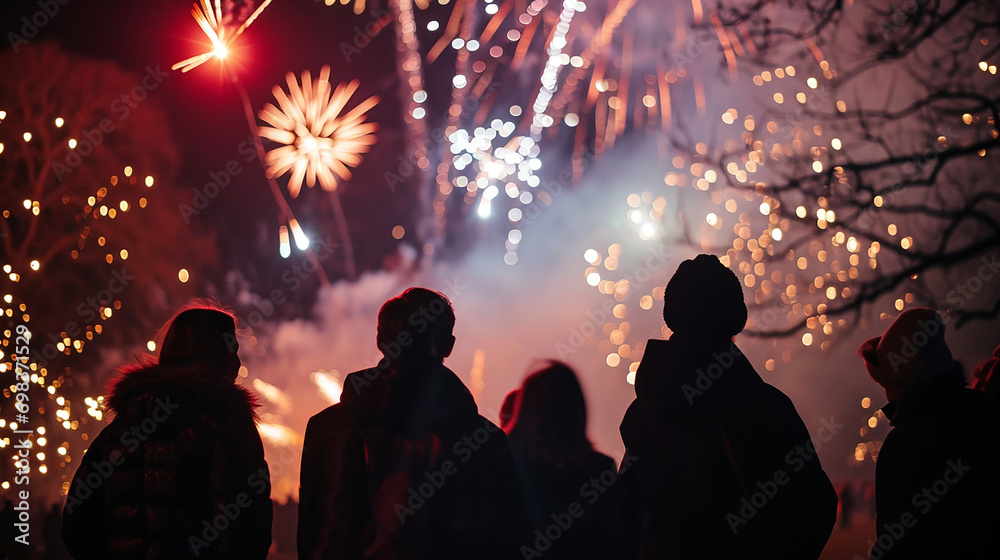 Group of people celebrating New Year looking at spectacular fireworks