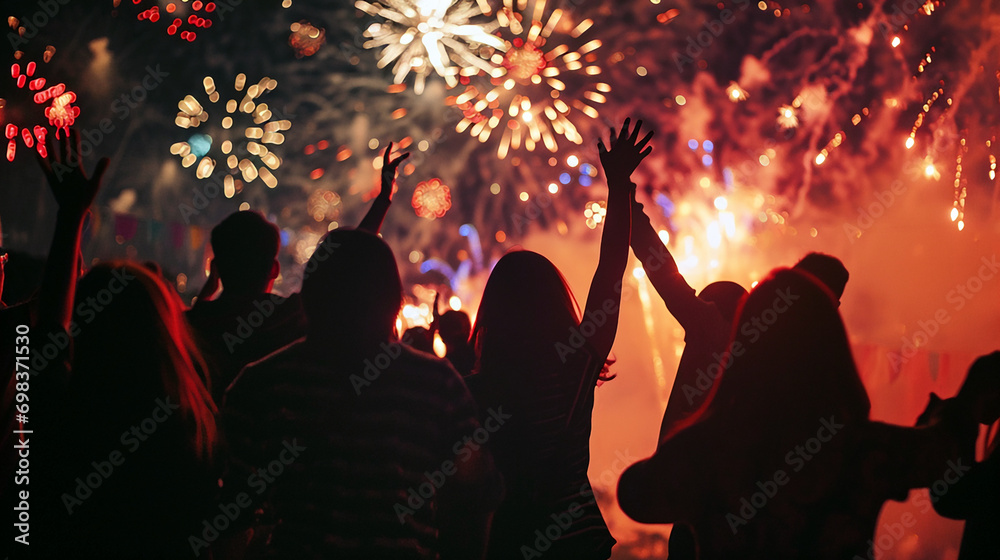 Group of people celebrating New Year looking at spectacular fireworks