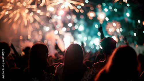Group of people celebrating New Year looking at spectacular fireworks