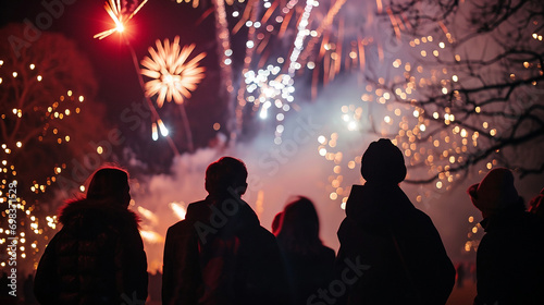 Group of people celebrating New Year looking at spectacular fireworks
