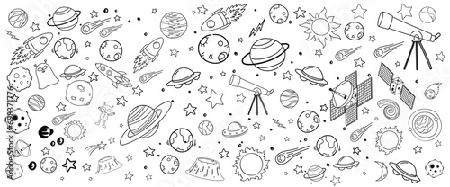 Hand drawn planet collection in doodle style. set of cosmos in doodle style: astronaut, planets, stars, rocket and alien, monster, ufo for design. Science space exploration.Vector 