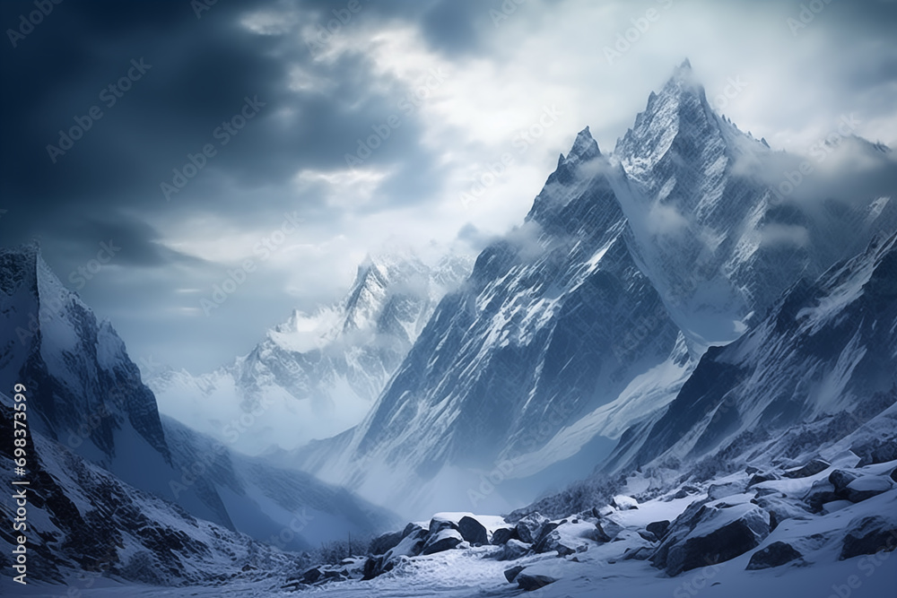 Sovereign Peaks: Majestic Mountain Range in Winter Splendor, Generative AI illustration