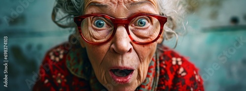 An elderly woman with glasses and a red scarf