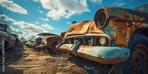 Rusty Old Cars in a Dirt Field photo