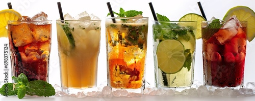 Three glasses of iced tea with lemon slices photo