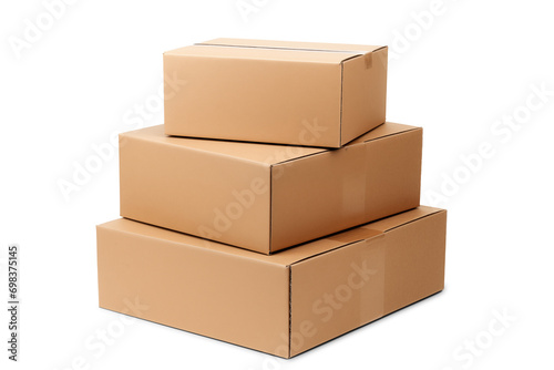 Stack of Three Plain brown Cardboard Boxes | Isolated on Transparent & White Background | PNG File with Transparency