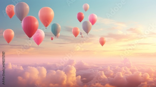 A cluster of pastel-colored balloons gently rising against a hazy sunset.