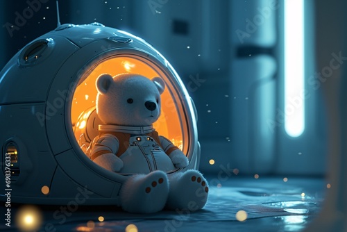 A white teddy bear sitting in a white space capsule