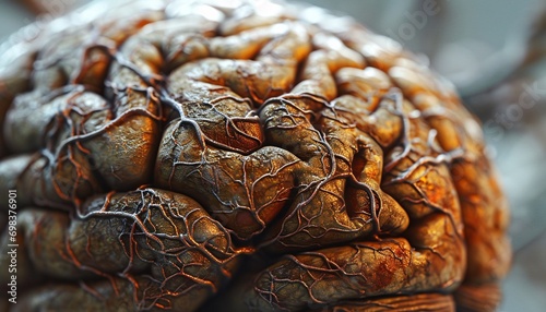 A close-up of a brain with blood vessels