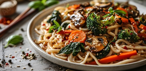 A plate of noodles with vegetables and mushrooms. photo