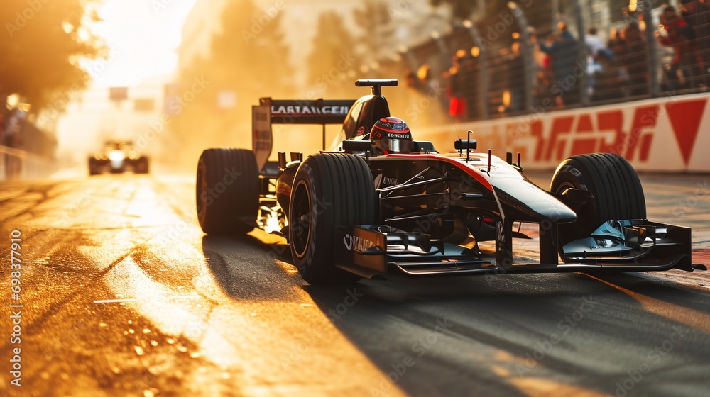 A racing car on a track during sunset