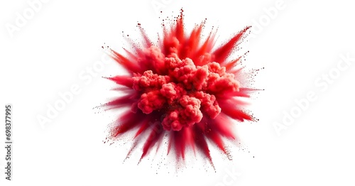 Red color powder explosion on white background, generative ai