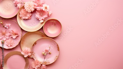 Pink and gold plate  flowers and cutlery on a pink background. Flat layer
