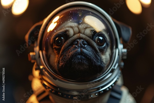 A cute pug dog wearing a space suit and looking up at the camera