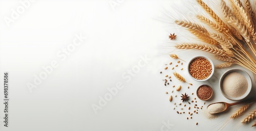Wheat flour and spikelets of wheat on a light background, generative ai photo