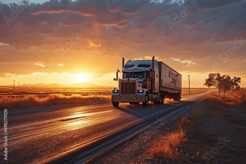 A large truck driving down a road during sunset
