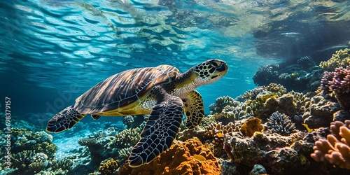 A close-up of a turtle swimming in the ocean