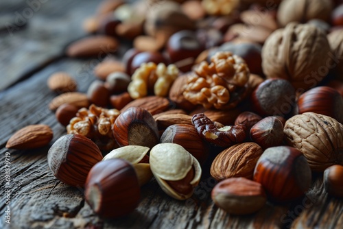 A variety of nuts and seeds on a wooden table.