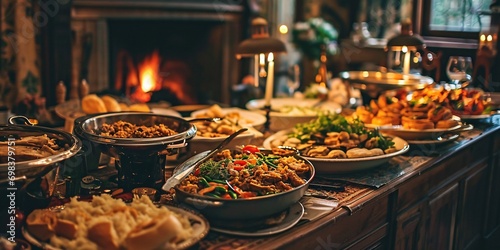 A table full of food, including a variety of dishes and a bowl of vegetables.