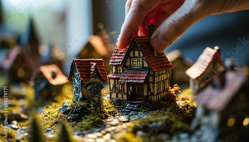 A person's hand pointing at a model of a house