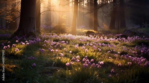 Spring forest, awakening of nature, first flowers photo
