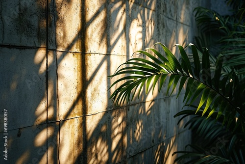 A large green palm tree in front of a concrete wall