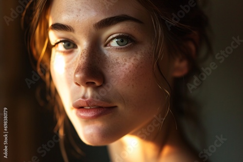 A beautiful woman with freckles and green eyes