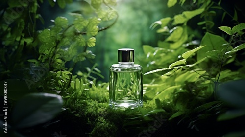 A cosmetic bottle nestled within the branches of a lush green plant.