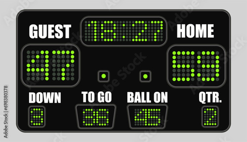 American football scoreboard on grey background. Vector photo