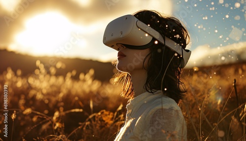 A woman wearing a white shirt and glasses, looking at the camera while using a VR headset