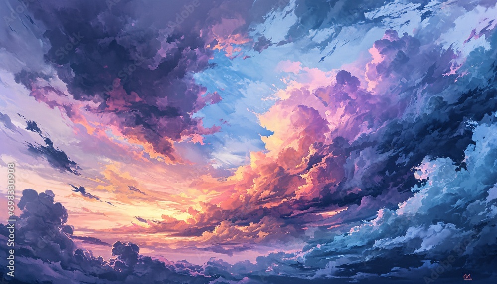 A vibrant sunset with a cloudy sky