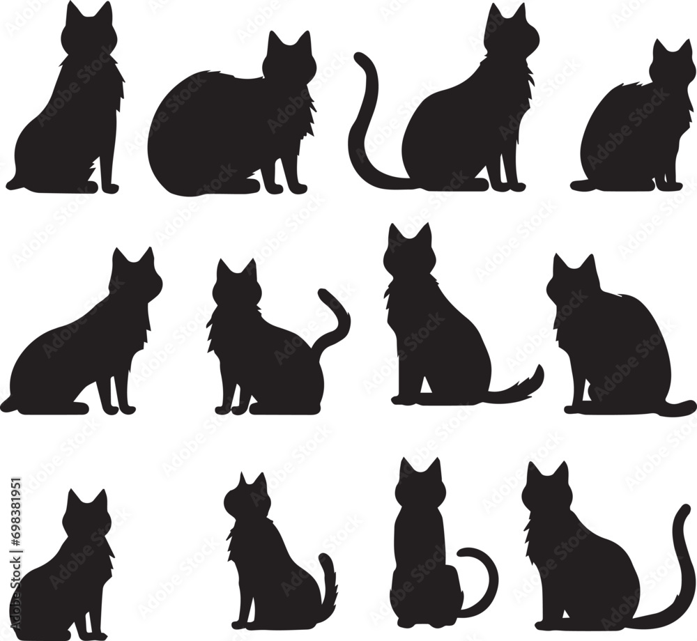A Set of Cats different poses black silhouettes Isolated On White Background