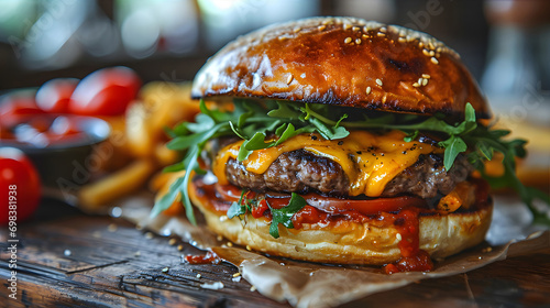 Large juicy burger with cutlet, cheese, vegetables and fries