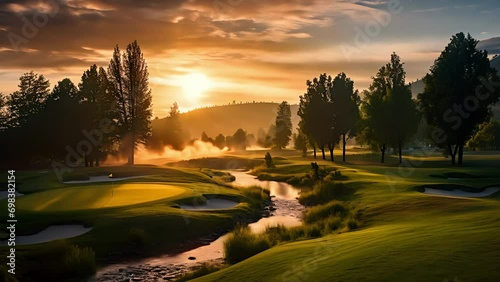 Golden Sunrise Over a Serene Golf Course with Mist Rising from the Fairway photo