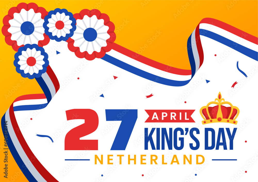 Happy Kings Netherlands Day Vector Illustration on 27 April with Waving Flags and Ribbon in King Celebration Flat Cartoon Background Design