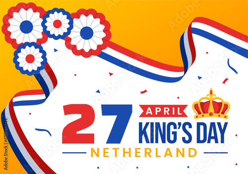 Happy Kings Netherlands Day Vector Illustration on 27 April with Waving Flags and Ribbon in King Celebration Flat Cartoon Background Design