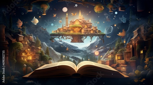 A whimsical scene featuring a book mockup surrounded by floating letters and symbols, conveying the magical and imaginative world of literature.