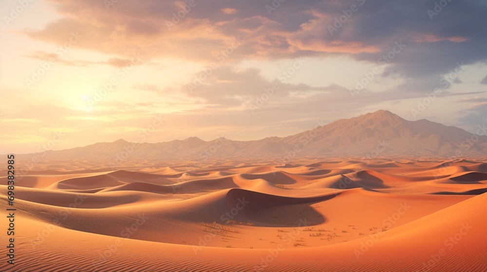 A windswept desert with golden sand dunes stretching endlessly