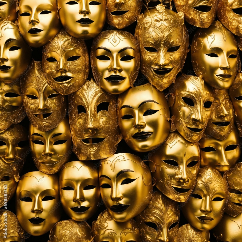 a lot of masks with different emotions, take off the mask, get to know yourself, development opportunities, achievements, mountains of gold