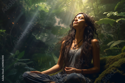 A serene woman meditates in a lush forest, eyes closed, syncing with the tranquil rhythm of the woods. yoga woman sitting and relaxing  in a forest.