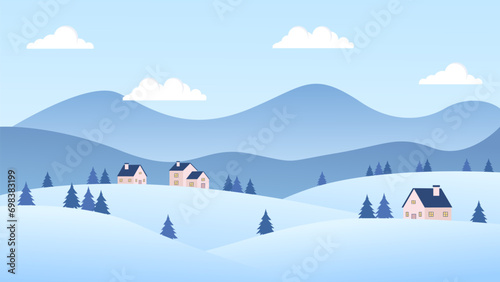 Simple winter landscape illustration, vector background with winter snow theme, flat design style vector illustration of snow hills, clouds and trees	