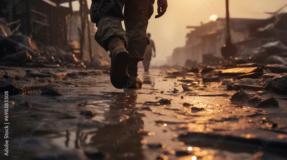 Soldier walking in destroyed city. Marine in the walks in the middle of a war. Selective focus at the leg and blurred background with copy space Soldier walking in destroyed city. Marine in the walks in the middle of a war. Selective focus at the leg and blurred background with copy space