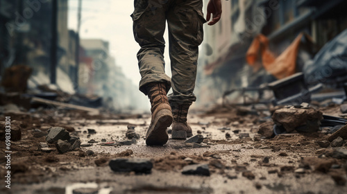 Soldier walking in destroyed city. Marine in the walks in the middle of a war. Selective focus at the leg and blurred background with copy space photo